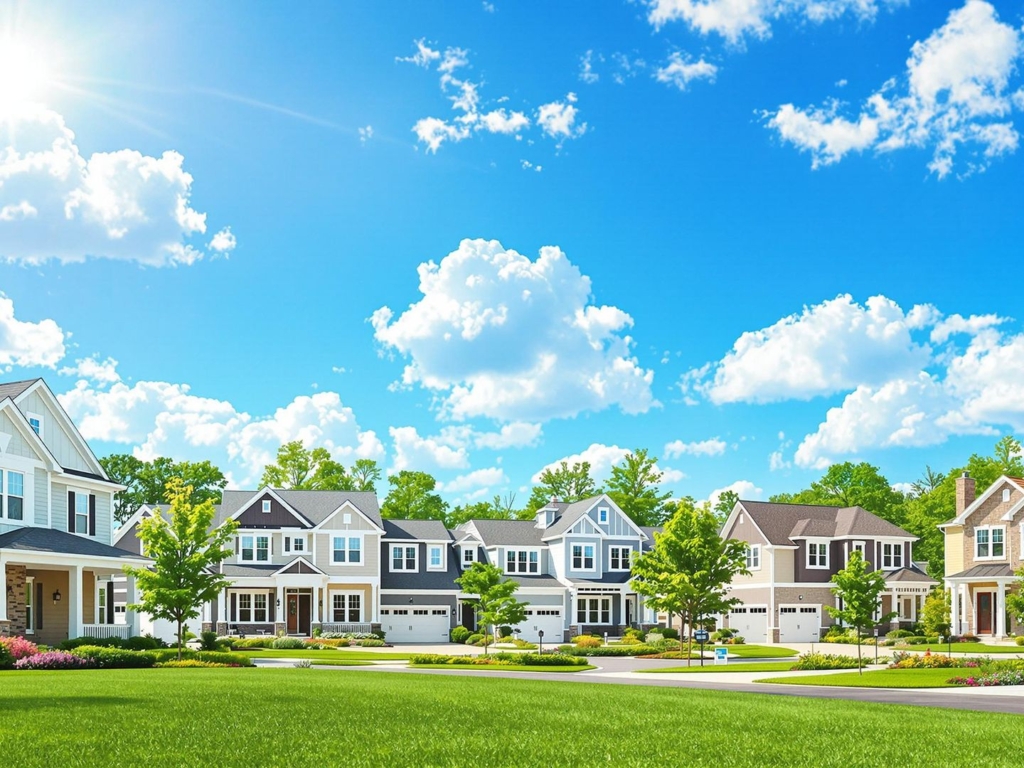 Modern homes, green lawns, blue sky.