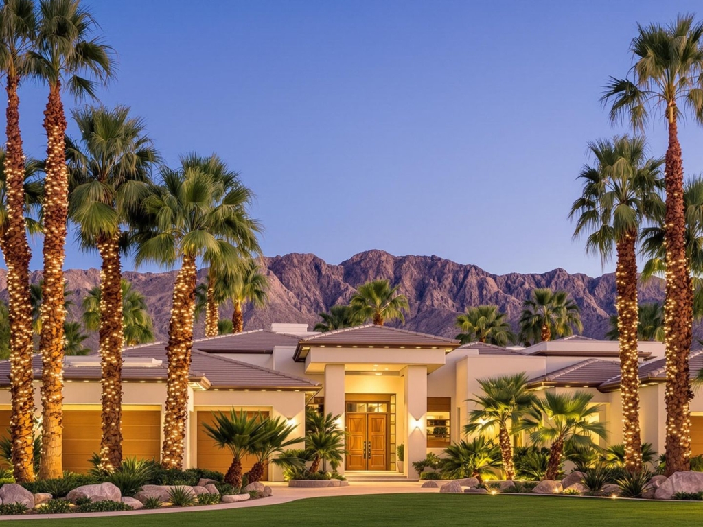 Desert home with palm trees and mountains