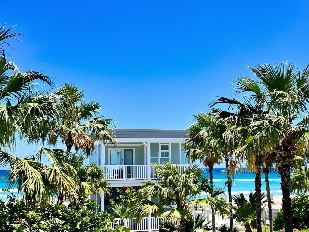 Coastal house, palm trees, ocean view