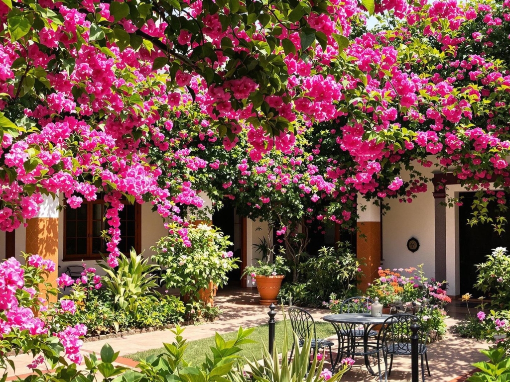 Charming hacienda-style house with vibrant bougainvillea.